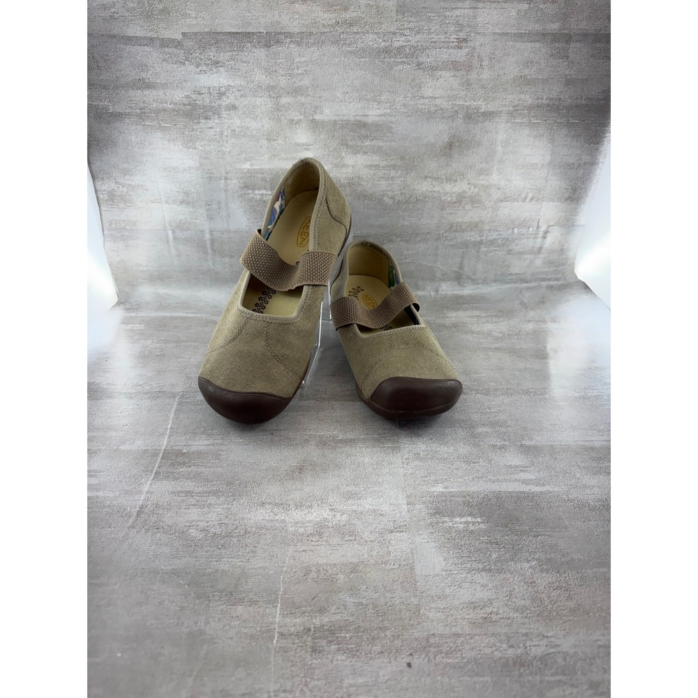 Keen Women Tan Canvas Mary Jane Flats Elastic Strap Brown Toe Cap 1014217 Sz 8.5